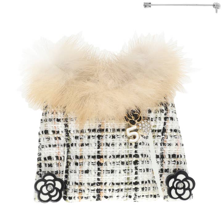 SP Sophia Collection - Wholesale Brooch - Fashionista Faux Fur Collared Cardigan Brooch Pin