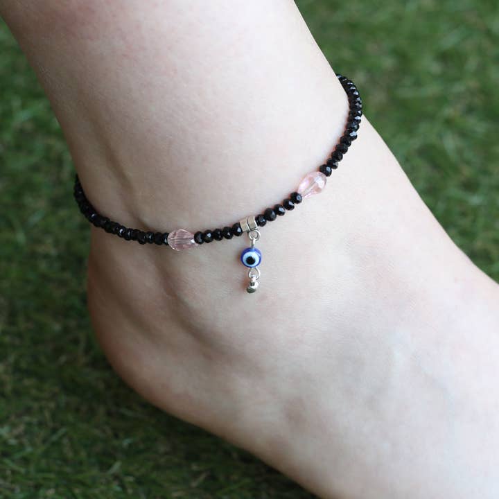 Dangle Evil Eye Black Beaded Silver Foot Anklet Payal for wholesale by The Colourful Aura