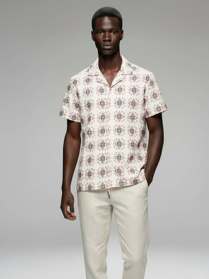 Camicia da uomo a maniche corte lavorata a uncinetto/testurizzata 4074 per la vendita all'ingrosso da parte di Hawk's Bay