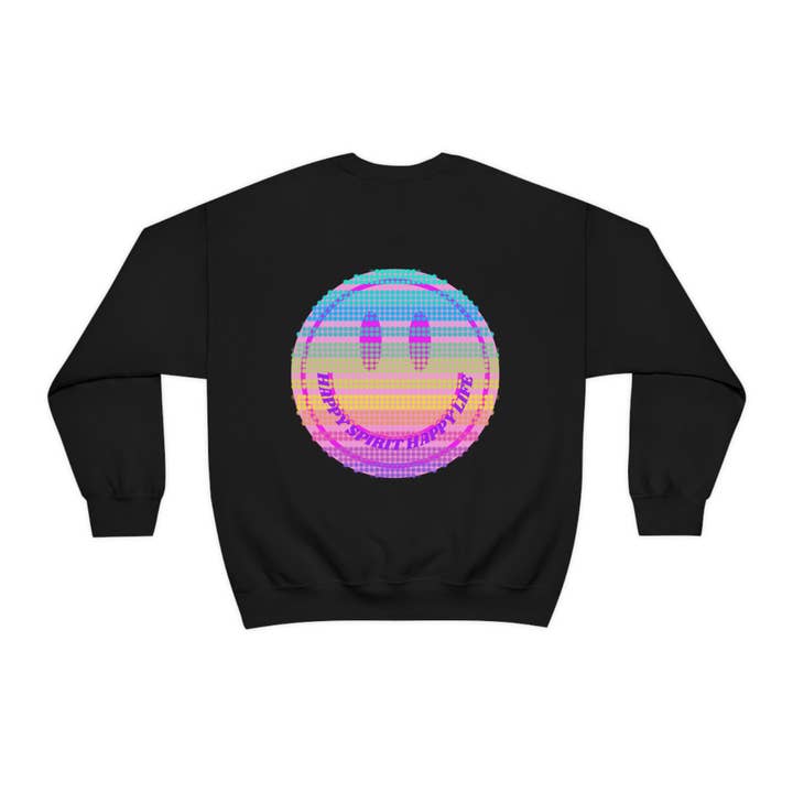 Happy Spirit Happy Life Sweatshirt, VSCO Girl Crewneck, Oversized Retro Font Graphic Tumblr, Front Print Smile Face Trendy Cover Up for wholesale by Happy Life Stuff