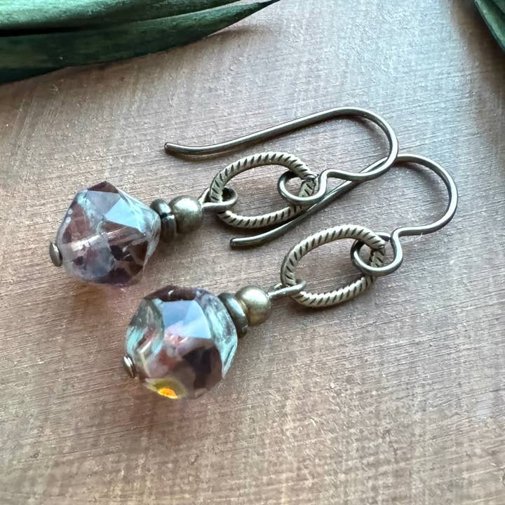 Earthy Rock Earrings Rustic Amethyst Glass Brass Czech Bead for wholesale by Vintage Earth