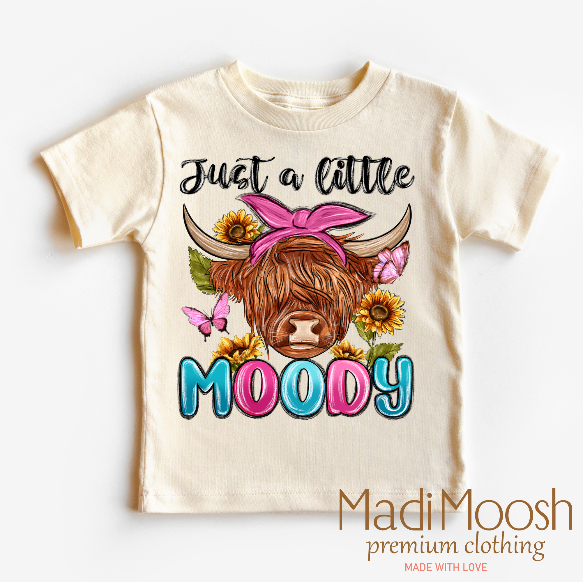 Madi Moosh - Wholesale Screen Printed T-Shirt - Kids - Just A Little Moody Highland Cow Shirt - Farm Tee0