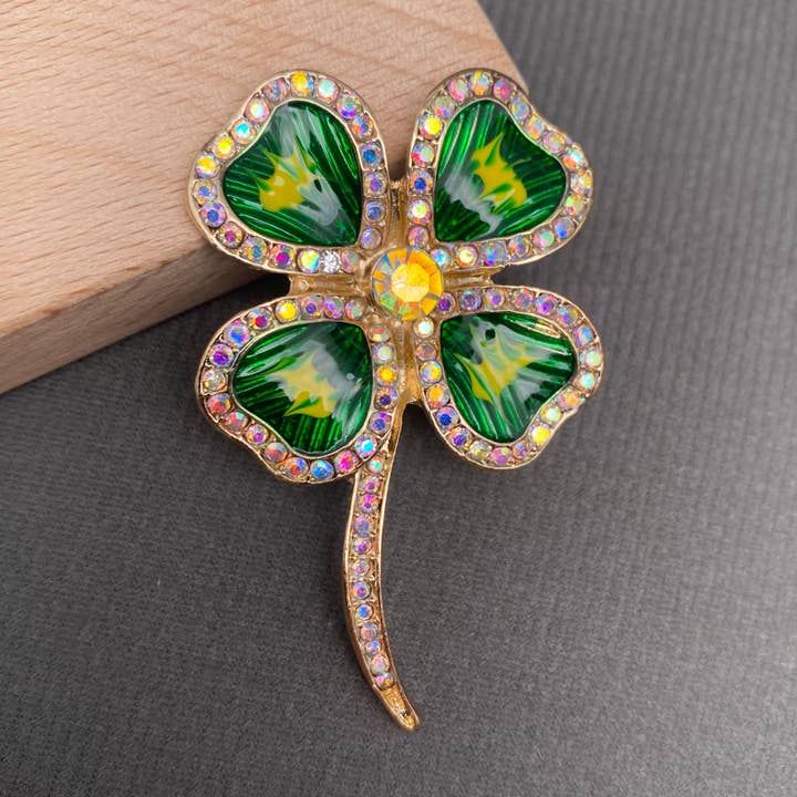Rhinestone Inlaid Enamel Four-leaf Clover Brooch for wholesale by Mio Queena