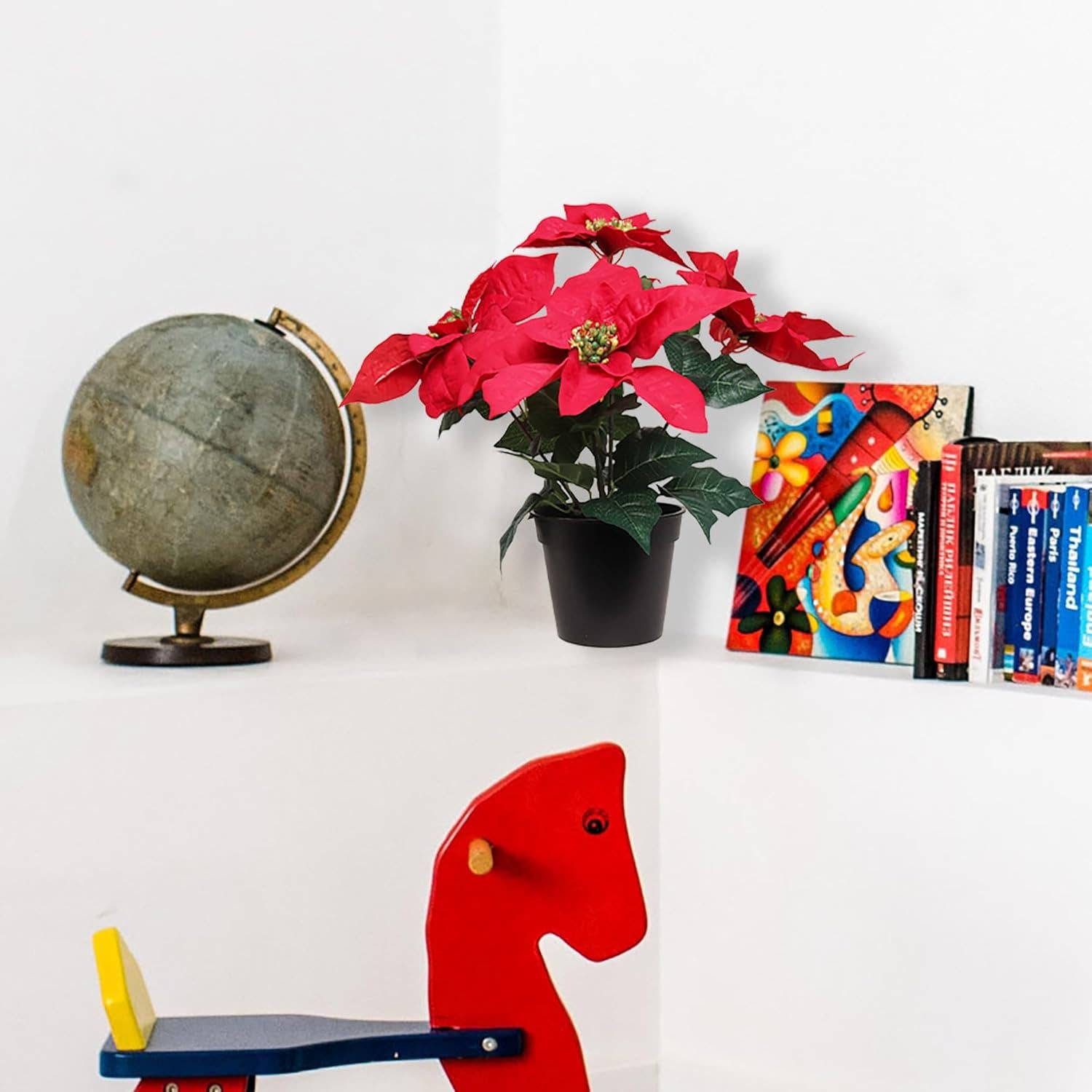 Larksilk - Wholesale Artificial Flowers - 13" Red Christmas Poinsettia Bush In Black Pot - Set of 61