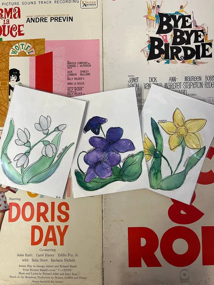 6 x 8 Aquarell-Blumendrucke mit Geburtsmonat für den Großhandel von AM Collective