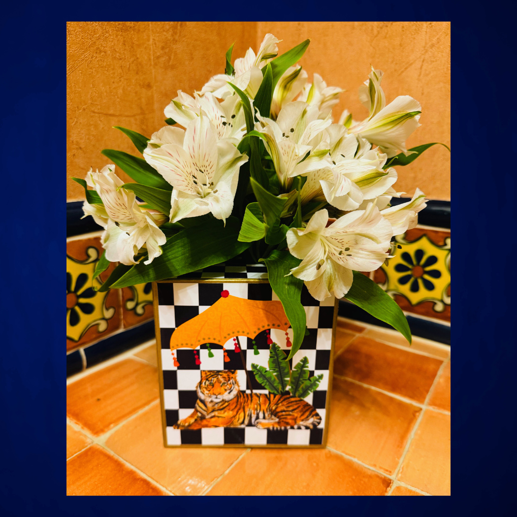 TOPICS IN THE TROPICS - Wholesale Tissue Box - Paper Mache Kleenex Box with tiger with an umbrella design3