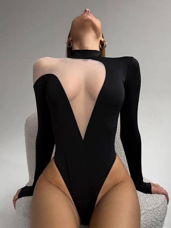 Sweetkama Ladies Deep V-Neck See Through Long Sleeves Teddy for wholesale by Sweetkama