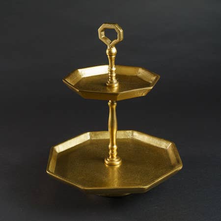 India Handicrafts Inc – wholesale Flatware serving piece – Gold Octagon 2-Tier Stand0