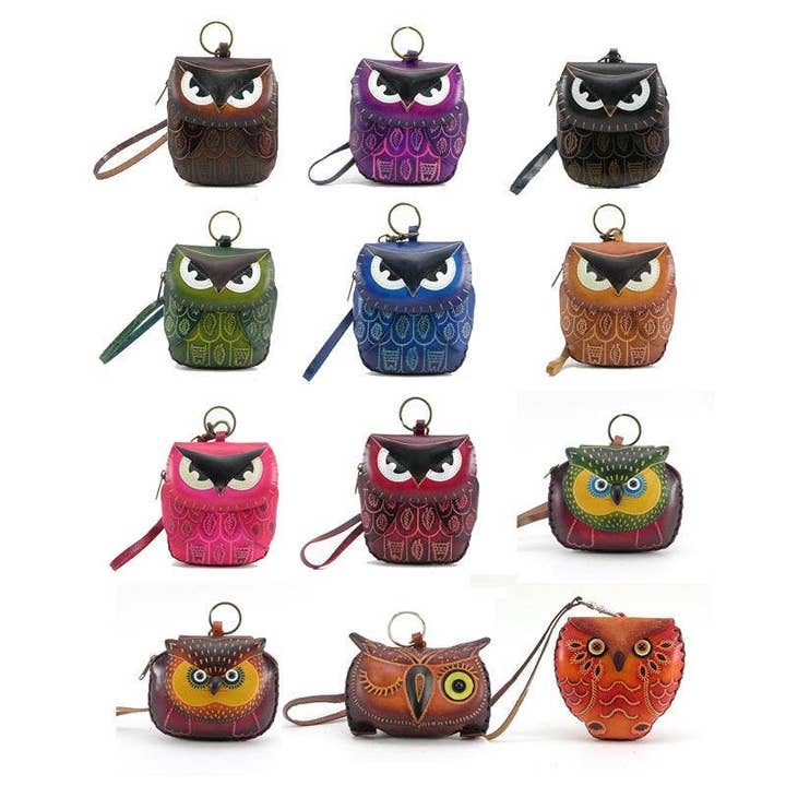Assorted leather Owl Wristlet coin purse wallet for wholesale by Sunflower Handmade leather inc