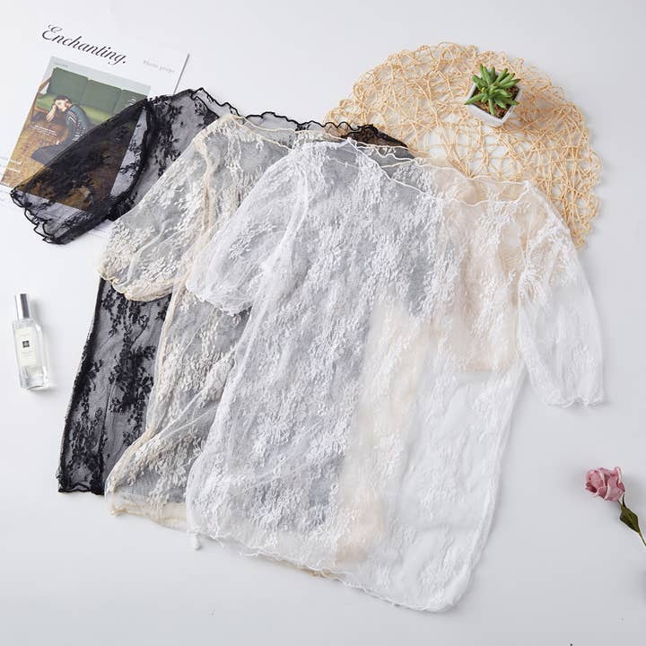 Rosa Clothing - Wholesale T-Shirt - Women's - Floral lace mesh see through short sleeve top - 6 colors