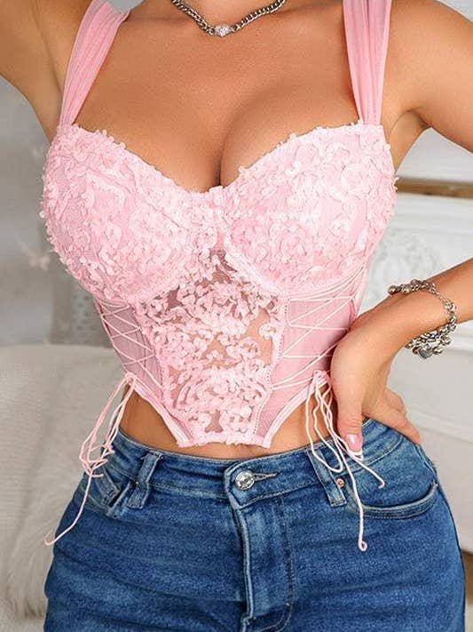 Top bustier in rete e pizzo per la vendita all'ingrosso da parte di Queen Fashion
