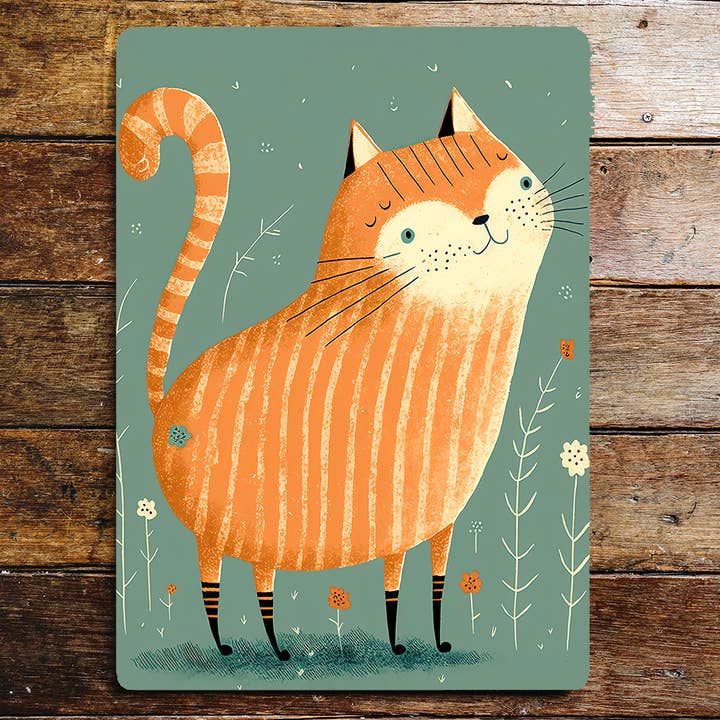 Cute Cartoon Orange Cat Flower Socks Metal Sign Plaque for wholesale by The British Metal Signs Company