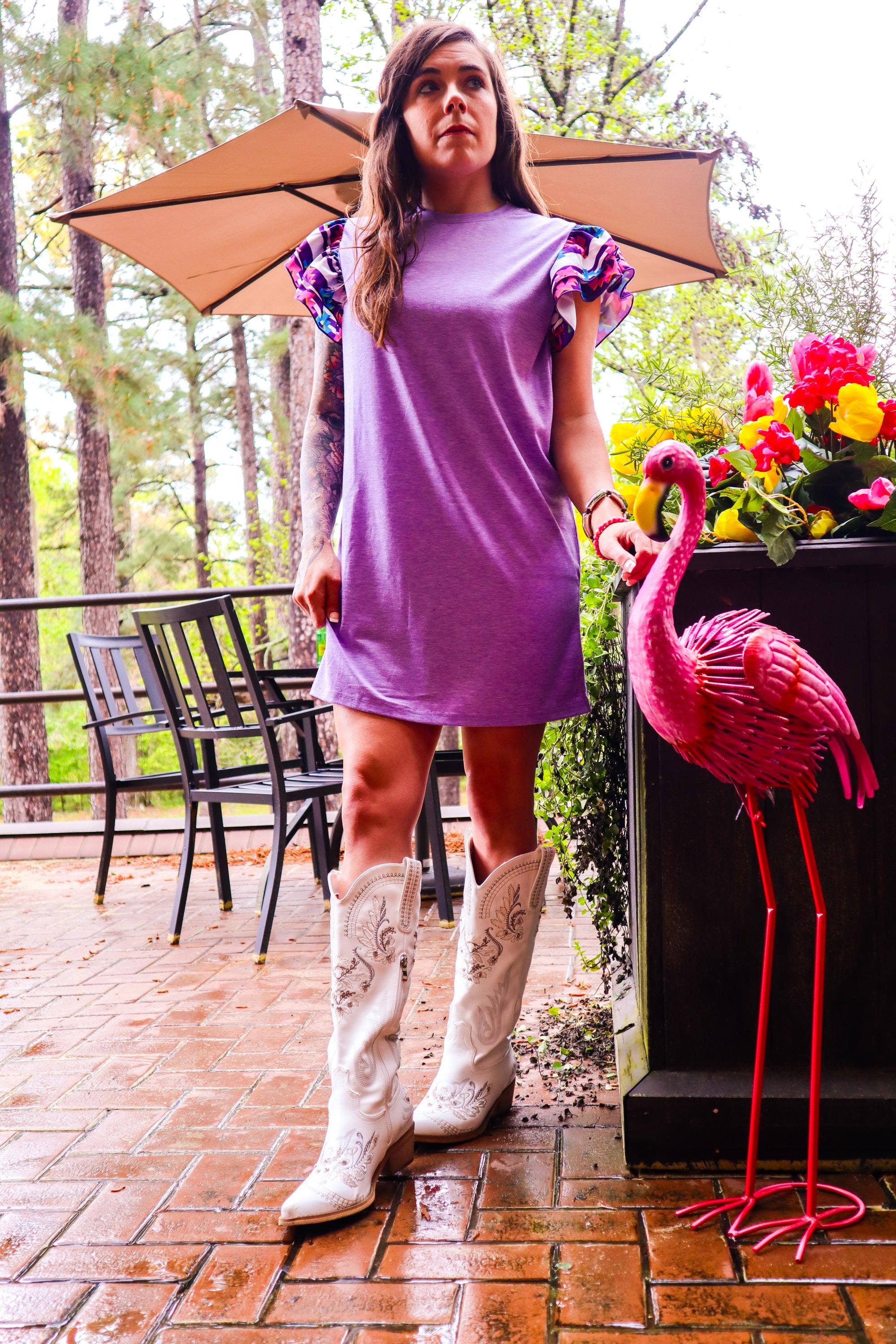 Purple MK346 Arklatex Ruffle Sleeve Tee Dress - Purple/Multi Aztec for wholesale on Faire7