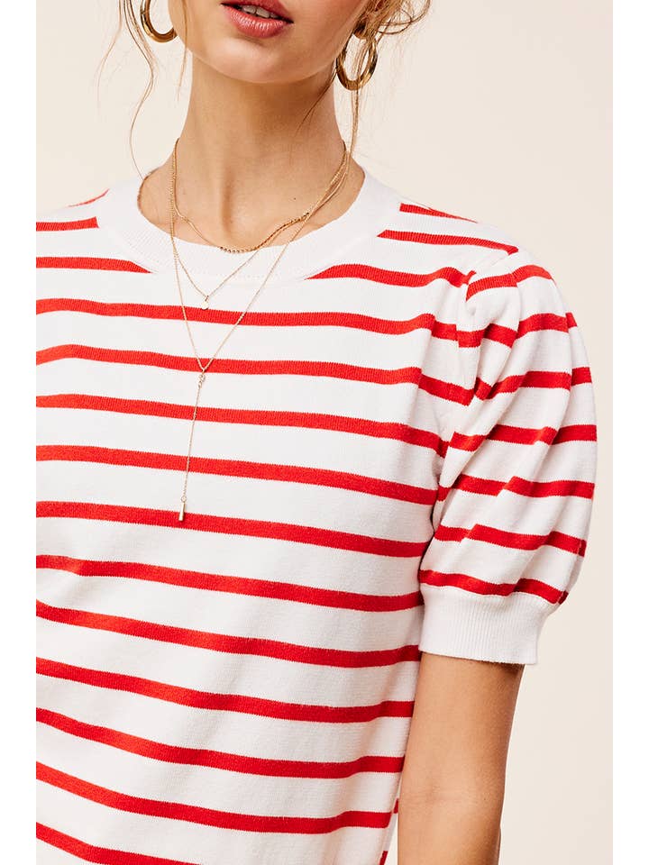 La Miel - Wholesale Knit Top - Women's - JCS3562-Lightweight Puff Short Sleeve Stripe Knit Top16