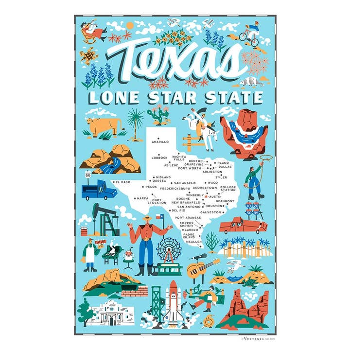 Vestiges - Wholesale Tea Towel - Texas State Icons Vertical Tea Towel