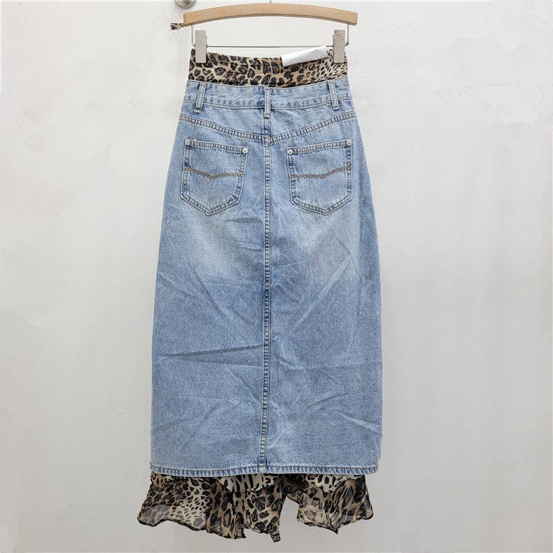 Sanyao Fashion – wholesale Skirt – Women’s – M212 Leopard Patchwork Denim Skirt with Frayed Hem2
