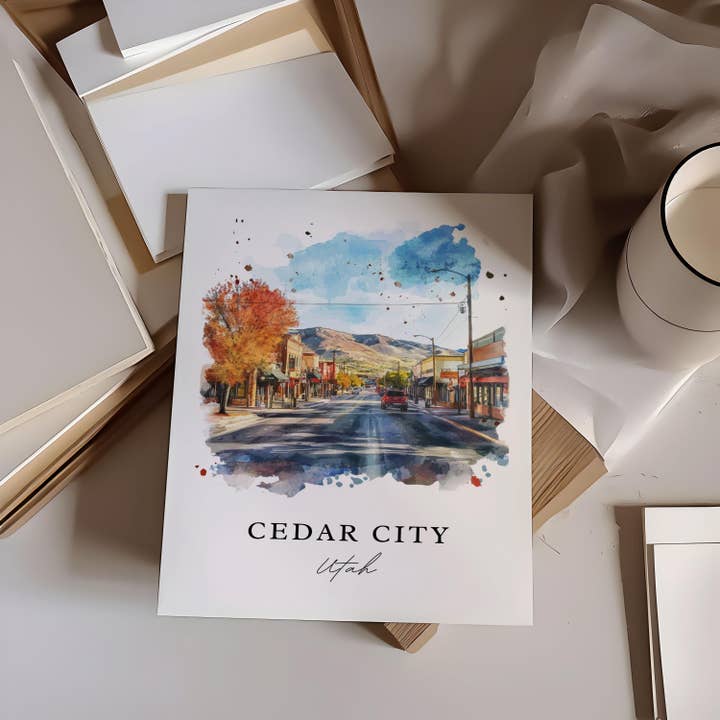 Premium Travel Art - Vente Affiche d'art - Art mural de Cedar City, Impression de Cedar City Utah, Art aquarelle du comté d'Iron, Cadeau de Cedar City UT,1