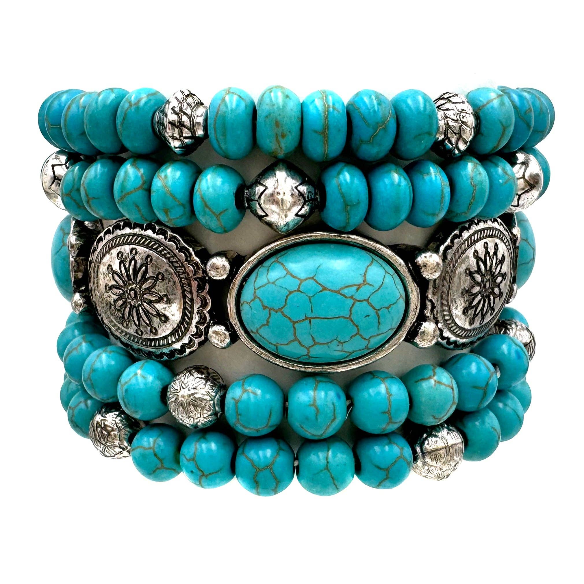 Lunar Deer - Wholesale Jewelry Set - Southwestern Concho Beaded Chunky Five Piece Stretch Bracelet1