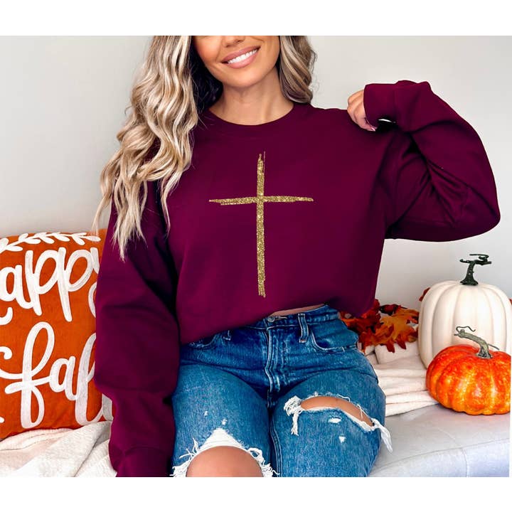 Fox and Owl Apparel - Wholesale Graphic Sweatshirt - Women's - Fall Gold Cross Maroon Cozy Faith Graphic Tee Sweatshirt 1
