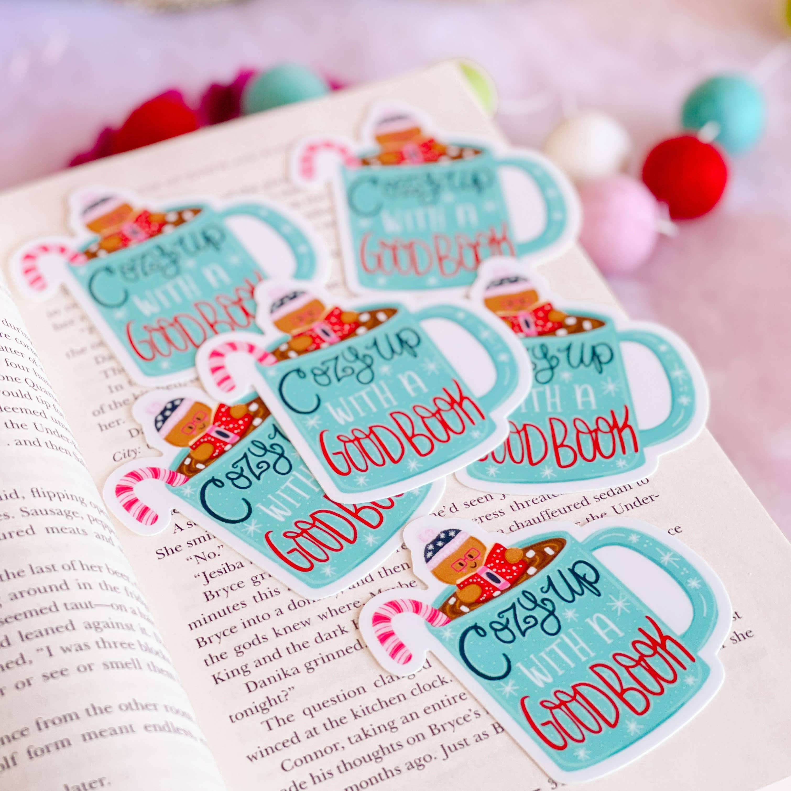 Emily Cromwell Designs - Wholesale Sticker - Cozy Up with a Good Book Hot Cocoa Christmas Vinyl Sticker1
