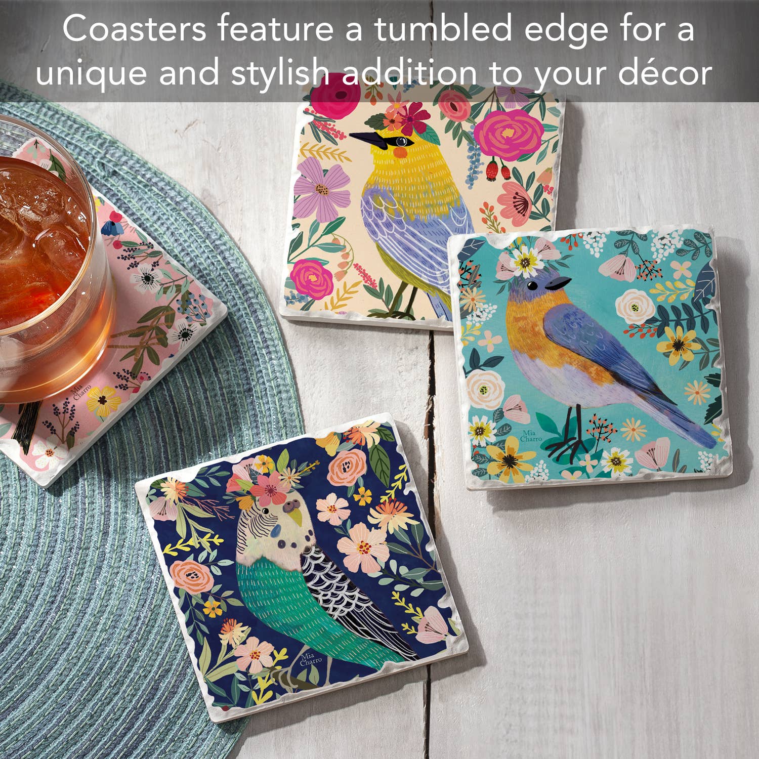 CounterArt/Highland Home/Thirstystone - Wholesale Coasters - "Floral Birds" 4 Pack Assorted Image Coaster Set1