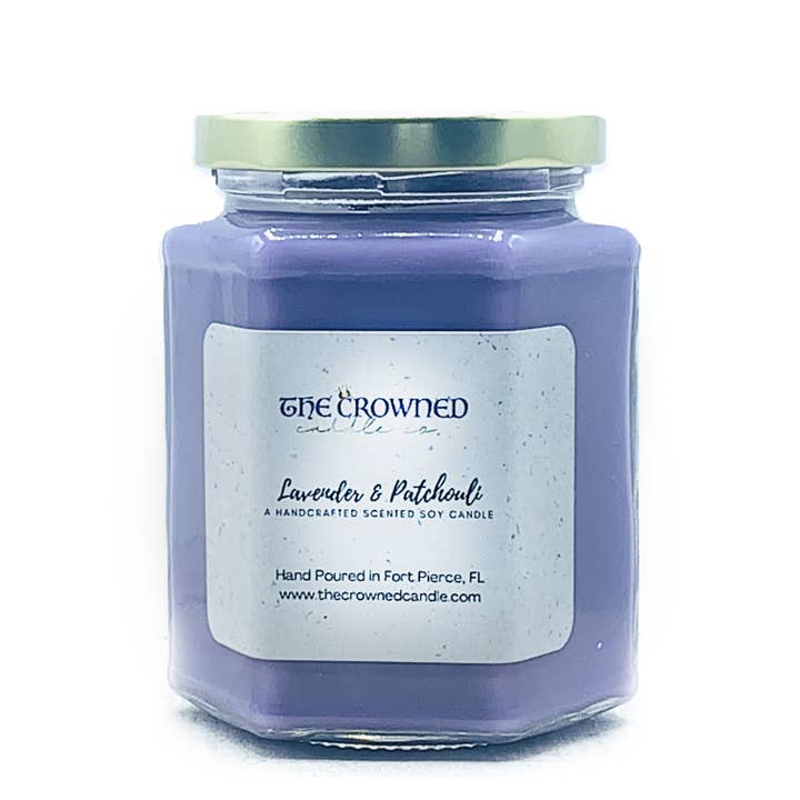 Lavender and Patchouli Soy Candle for wholesale by The Crowned Candle Company
