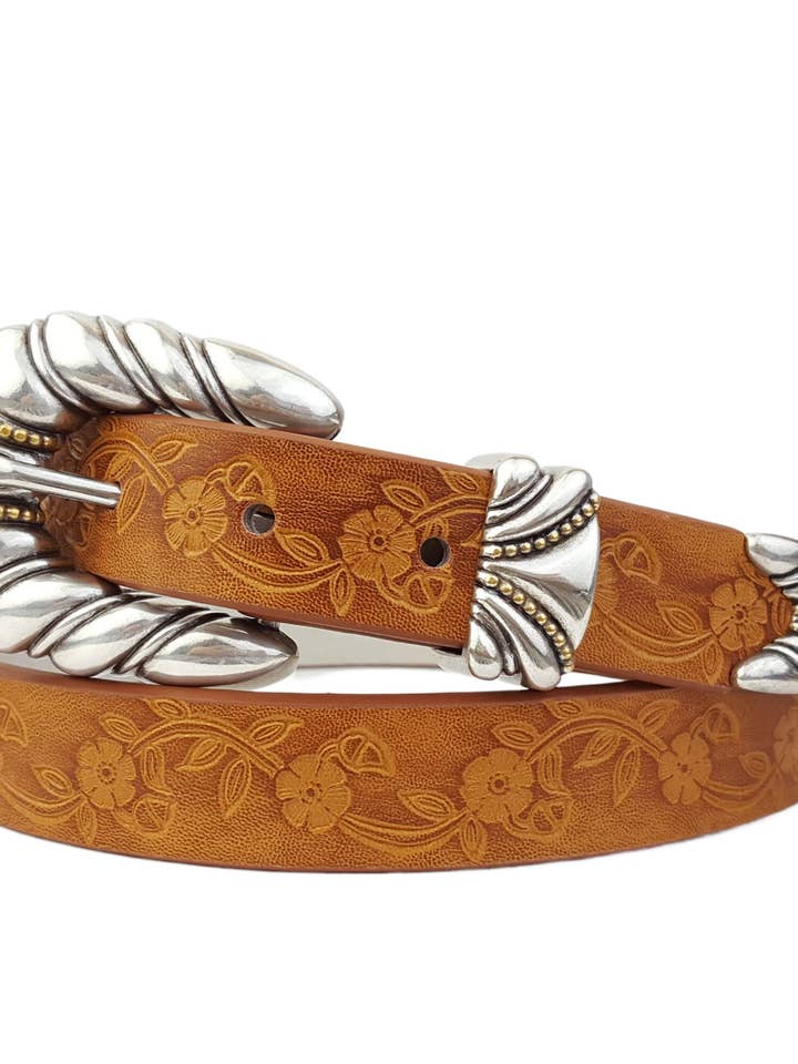 Western-Inspired Silver Buckle Floral Tooled Belt for wholesale by Axesoria West