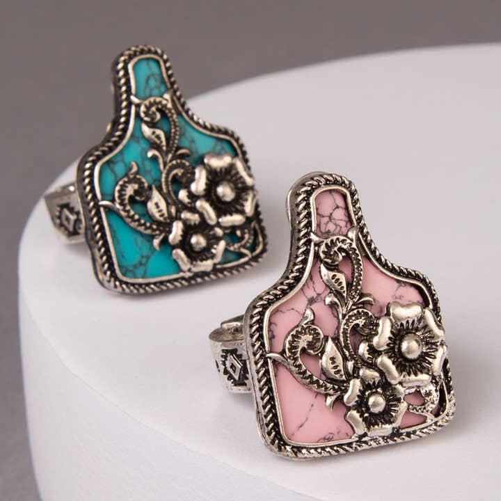 SP Sophia Collection - Wholesale Cocktail/Statement Ring - Western Floral Cattle Tag Stretch Ring1