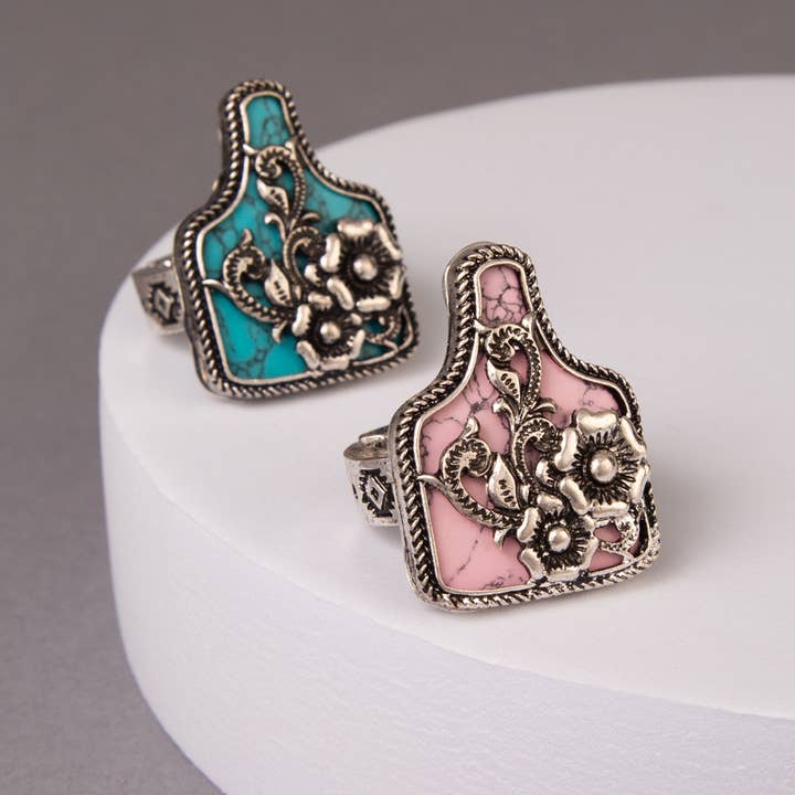 SP Sophia Collection - Wholesale Cocktail/Statement Ring - Western Floral Cattle Tag Stretch Ring