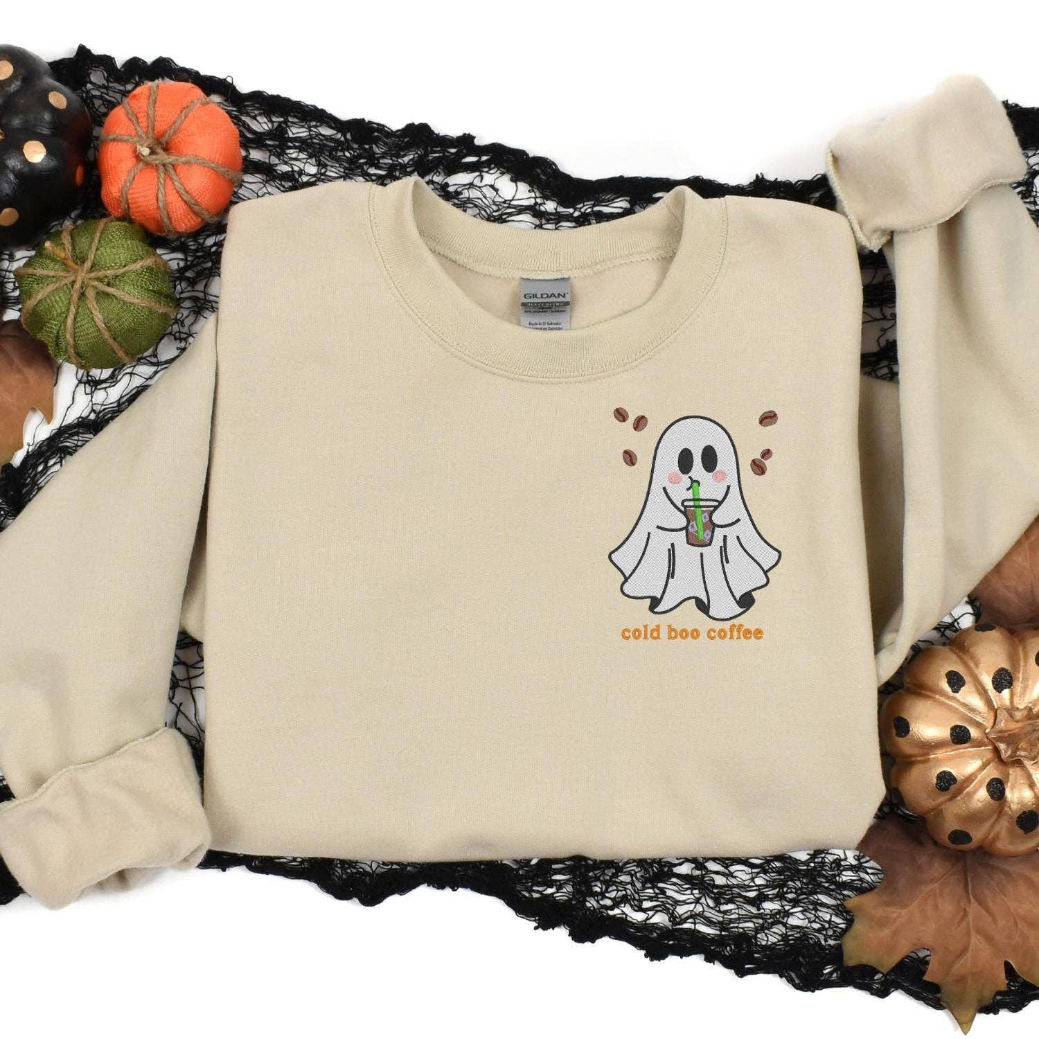 Grant Custom Creations LLC - Wholesale Sweatshirt - Women's - Cold Boo Coffee Ghost Embroidery Sweatshirt | Halloween Fall Coffee Lover Shirt | Spooky Cute Ghost Crewneck | Cozy Autumn Pullover6