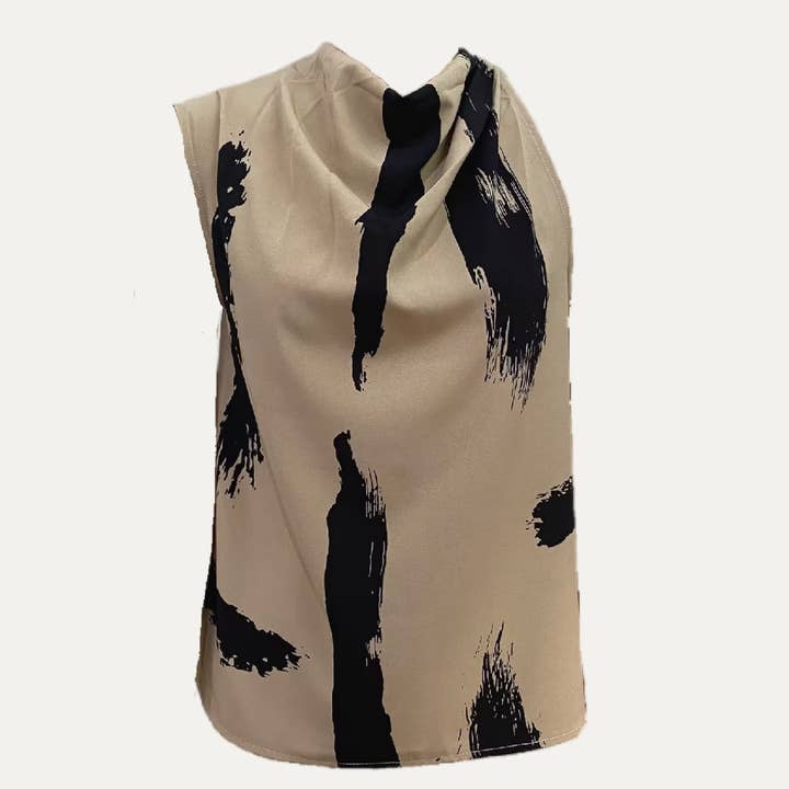 KHAKI Chic Soft Print Mock Neck Sleeveless Top for wholesale on Faire