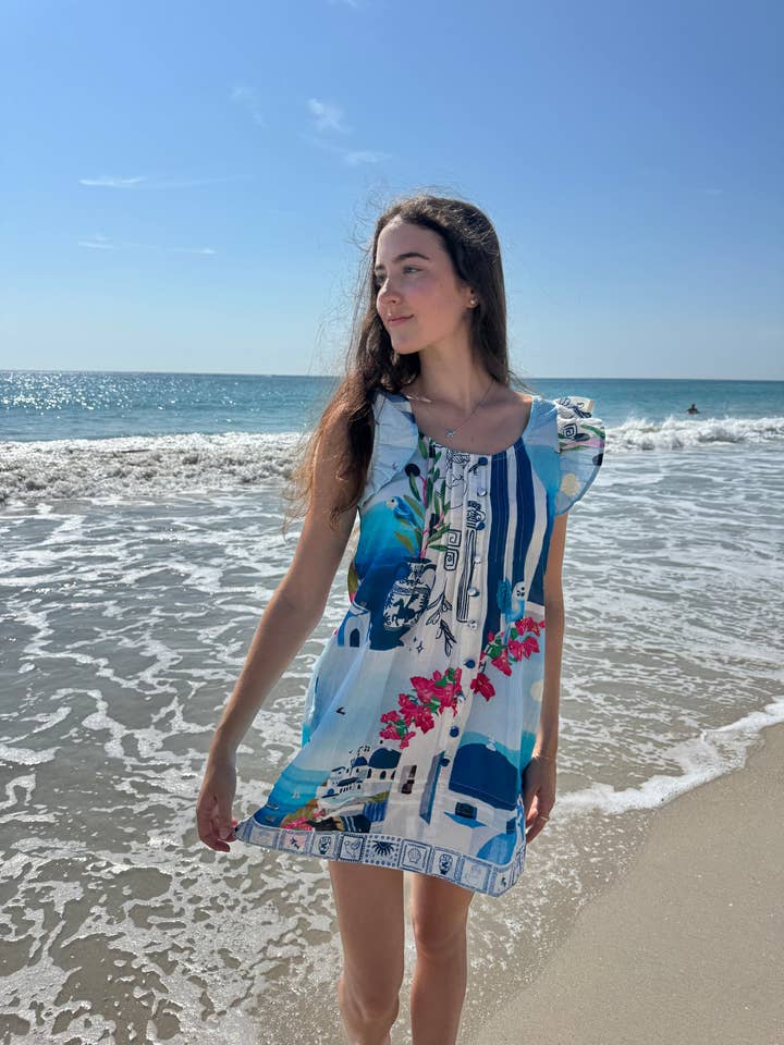 Ruffle Sleeve Pintuck Mini | Limited Edition | Santorini for wholesale by PICK HAPPY