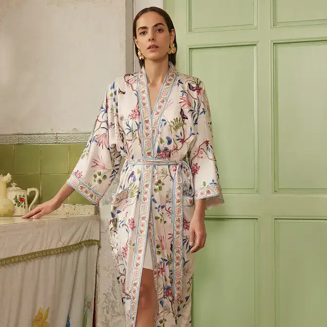 safistyle – wholesale Robe – Women's – Beige Chinoiserie Floral Kimono Robe - Spa Wrap for Bridal0