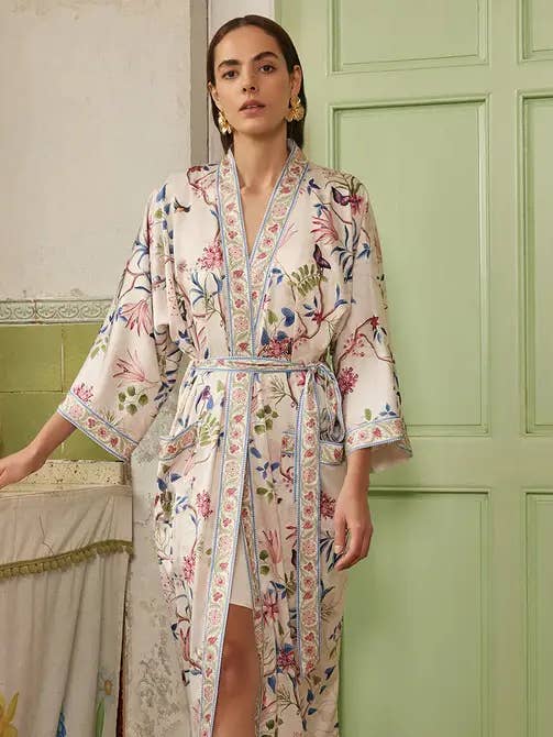 Beige Chinoiserie Floral Kimono Robe - Spa Wrap for Bridal for wholesale by Katinki