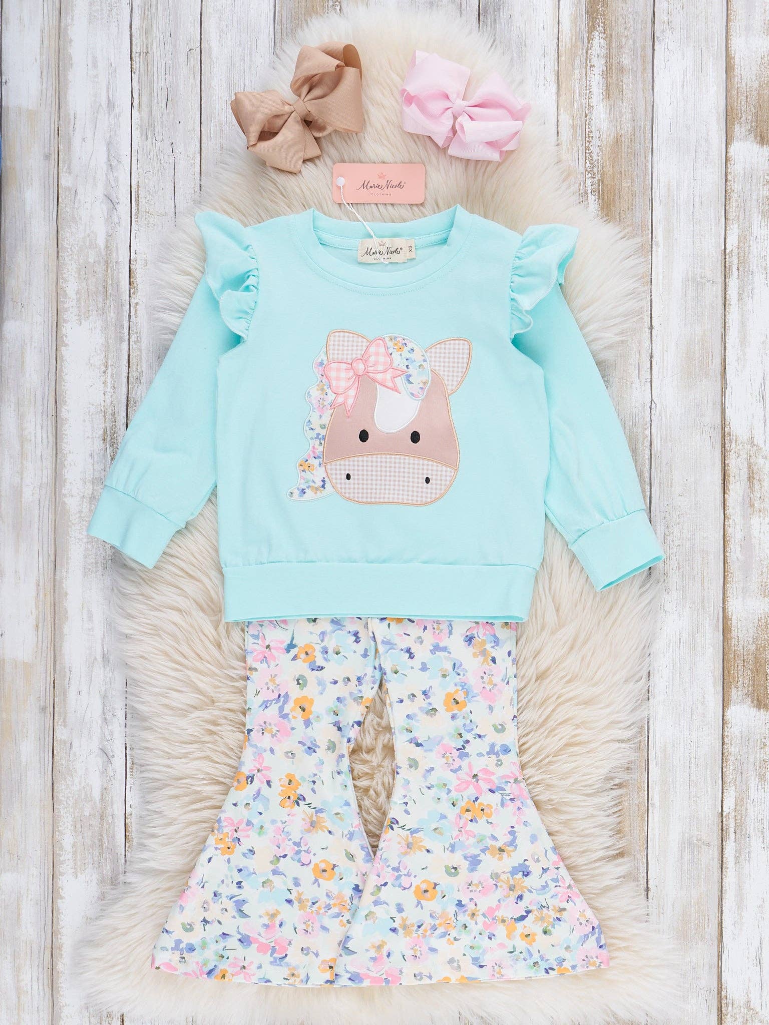 Marie Nicole Clothing - Wholesale Top & Pant Set - Kids - Palomino Dreams Embroidered Ruffle Bell Bottom Outfit0
