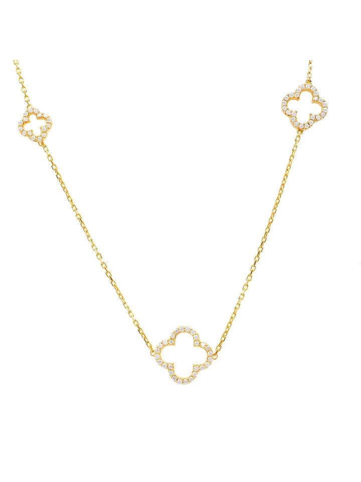 Collier long Open Clover en zircone cubique blanc doré pour la vente par Latelita