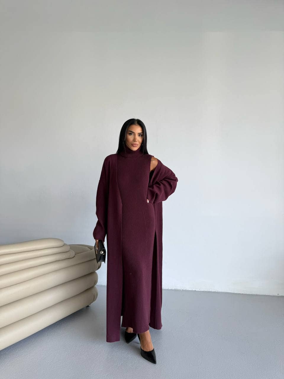 Design company-Fatma Balkir - Vendita all'ingrosso Vestito - Donna - Abito lungo in maglia e set di cardigan lungo coordinato9