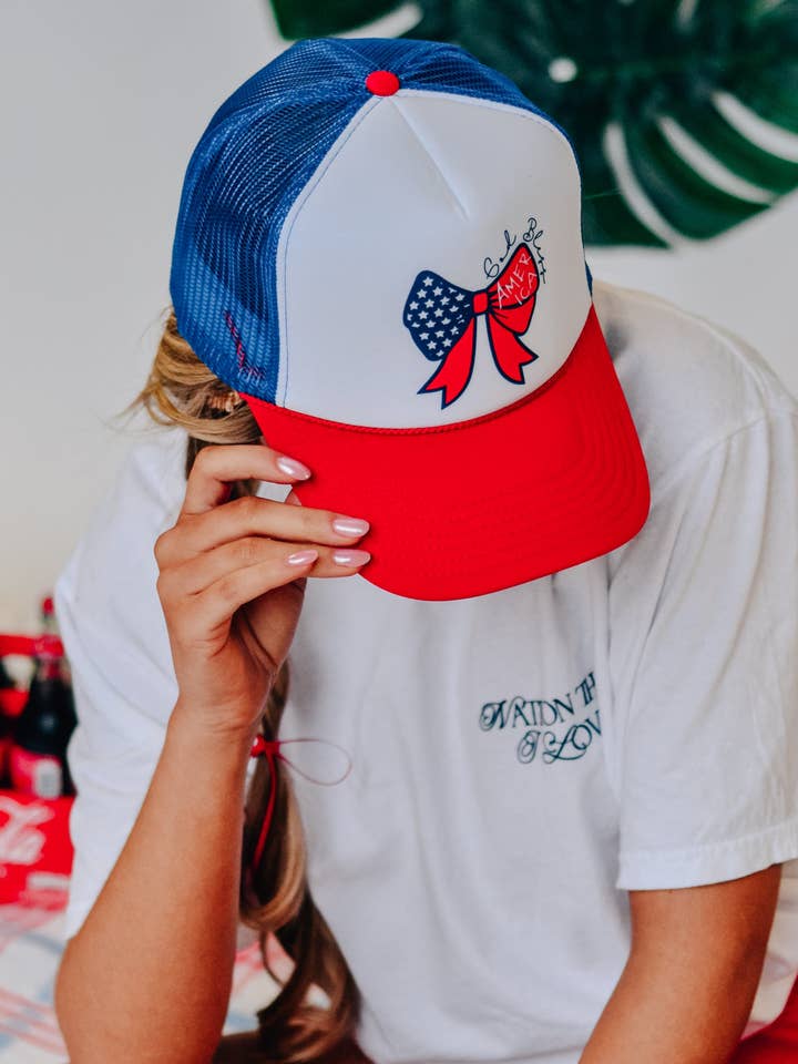 God Bless America Bow Red, White, and Blue Trucker for wholesale by Southern Bliss Co.