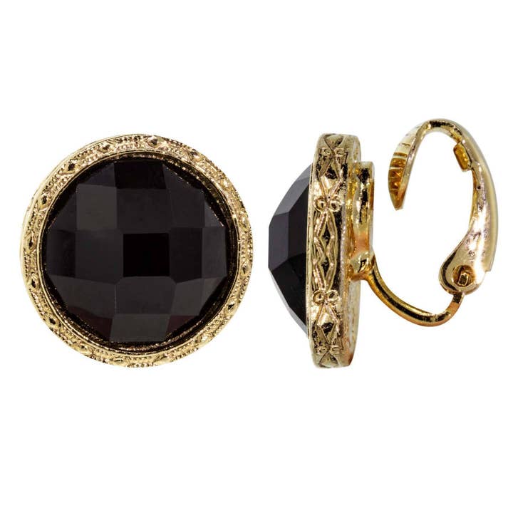1928 Jewelry Black Round Faceted Stone Button Clip On Earrings for wholesale by 1928 Jewelry
