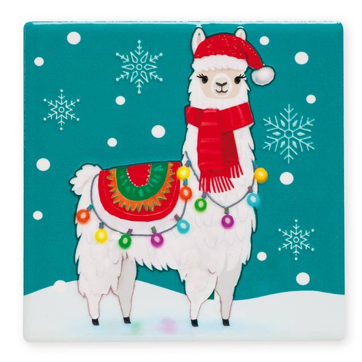Christmas Llama Square Ceramic Coaster 10 x 10cm for wholesale by Art of Arora