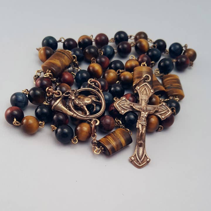 Tiger Eye Solid Bronze St. Hubert Rosary for wholesale by MG Rosary
