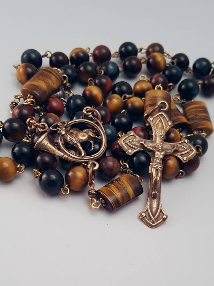 Tiger Eye Solid Bronze St. Hubert Rosary for wholesale by MG Rosary