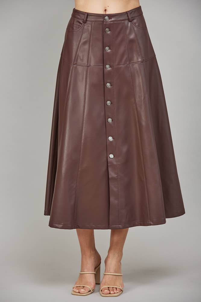 FATE - Wholesale Skirt - Women's - FAUX LEATHER BUTTON FRONT A-LINE MIDI SKIRT FS550296
