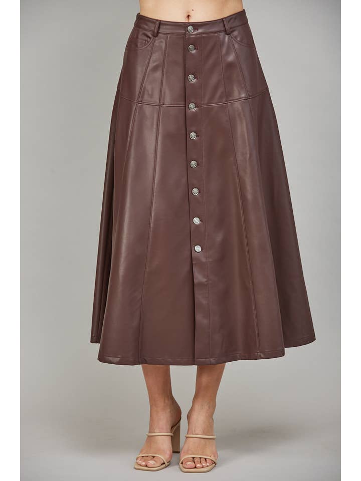 FATE - Wholesale Skirt - Women's - FAUX LEATHER BUTTON FRONT A-LINE MIDI SKIRT FS550296