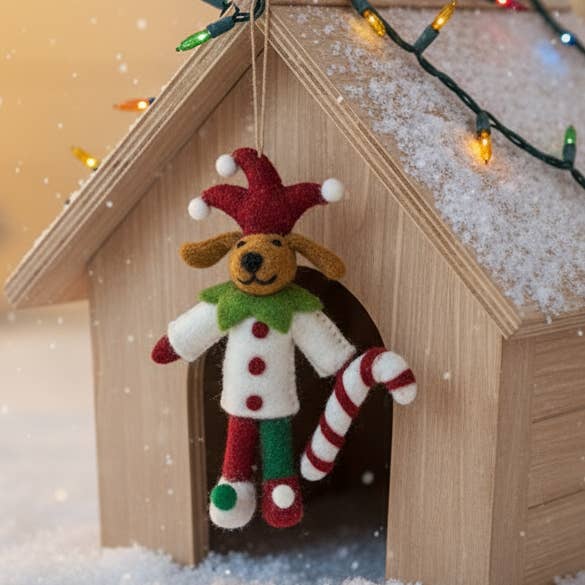 Decoração de Feltro Artesanal de Cachorro Bobo com Sinos de Natal por atacado de Felt So Good