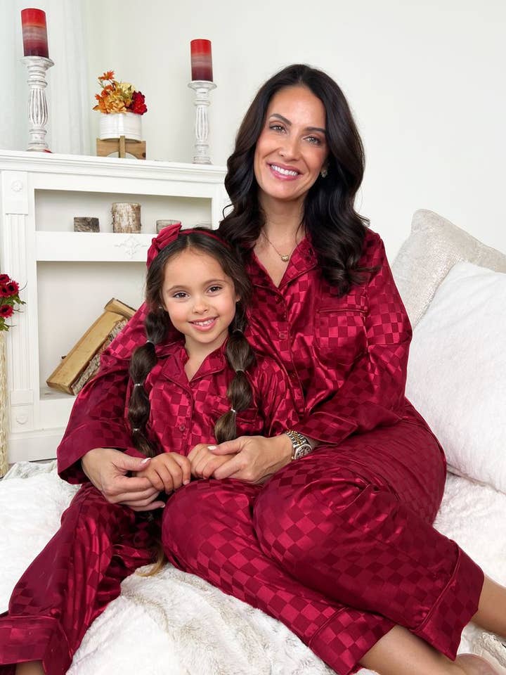 Mommy and Me Burgundy Checkered Silk Pajamas for wholesale by Mia Belle Girls • Wholesale