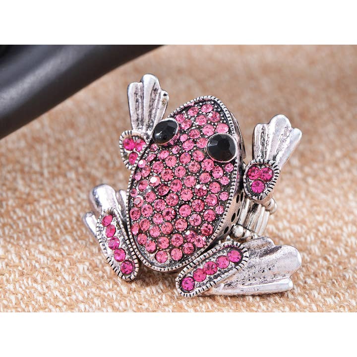 AK Brand - Wholesale Cocktail/Statement Ring - Silver Fuchsia Pink Funny Cartoon Leaping Frog Toad Ring
