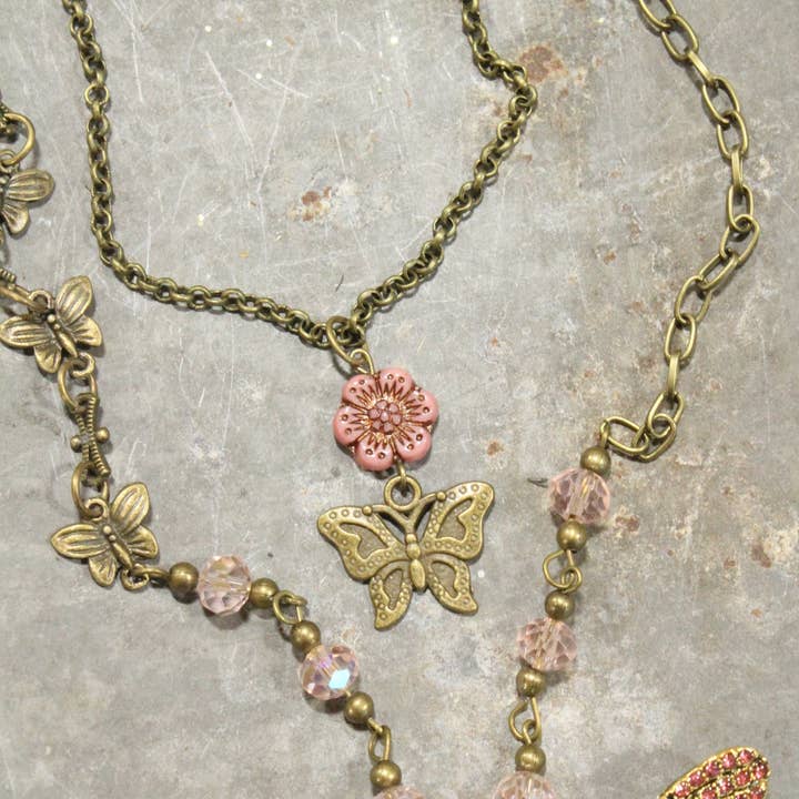 The Primitive Peddler, Inc. - Wholesale Pendant/Charm Necklace - Fly High Butterfly Bling Blushing Layered Necklace