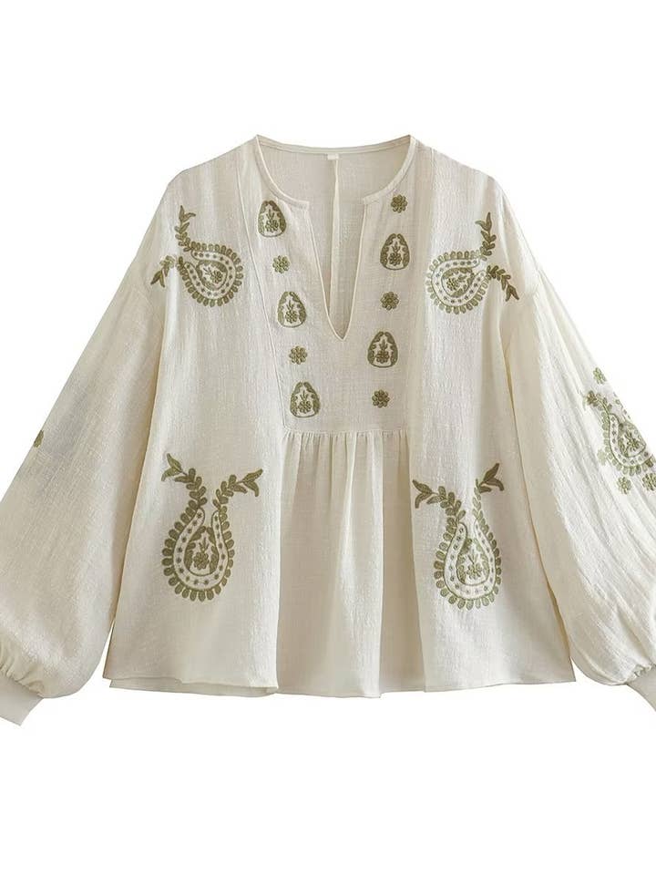 Rosa Clothing - Wholesale Blouse - Women's - Botanical Embroidery balloon sleeve blouse