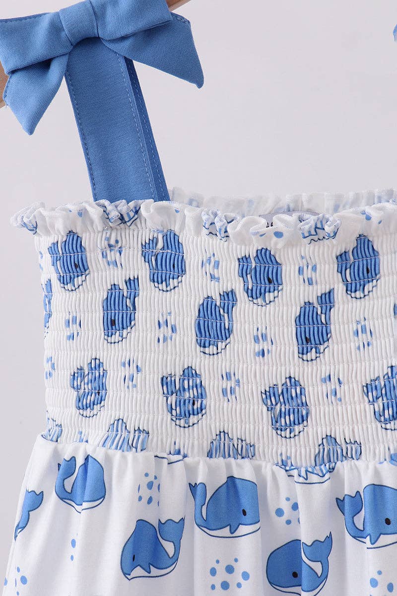 Aspen Rain Boutique - Wholesale Mommy & Me Sets - Blue whale smocked ruffle mom&me dress1